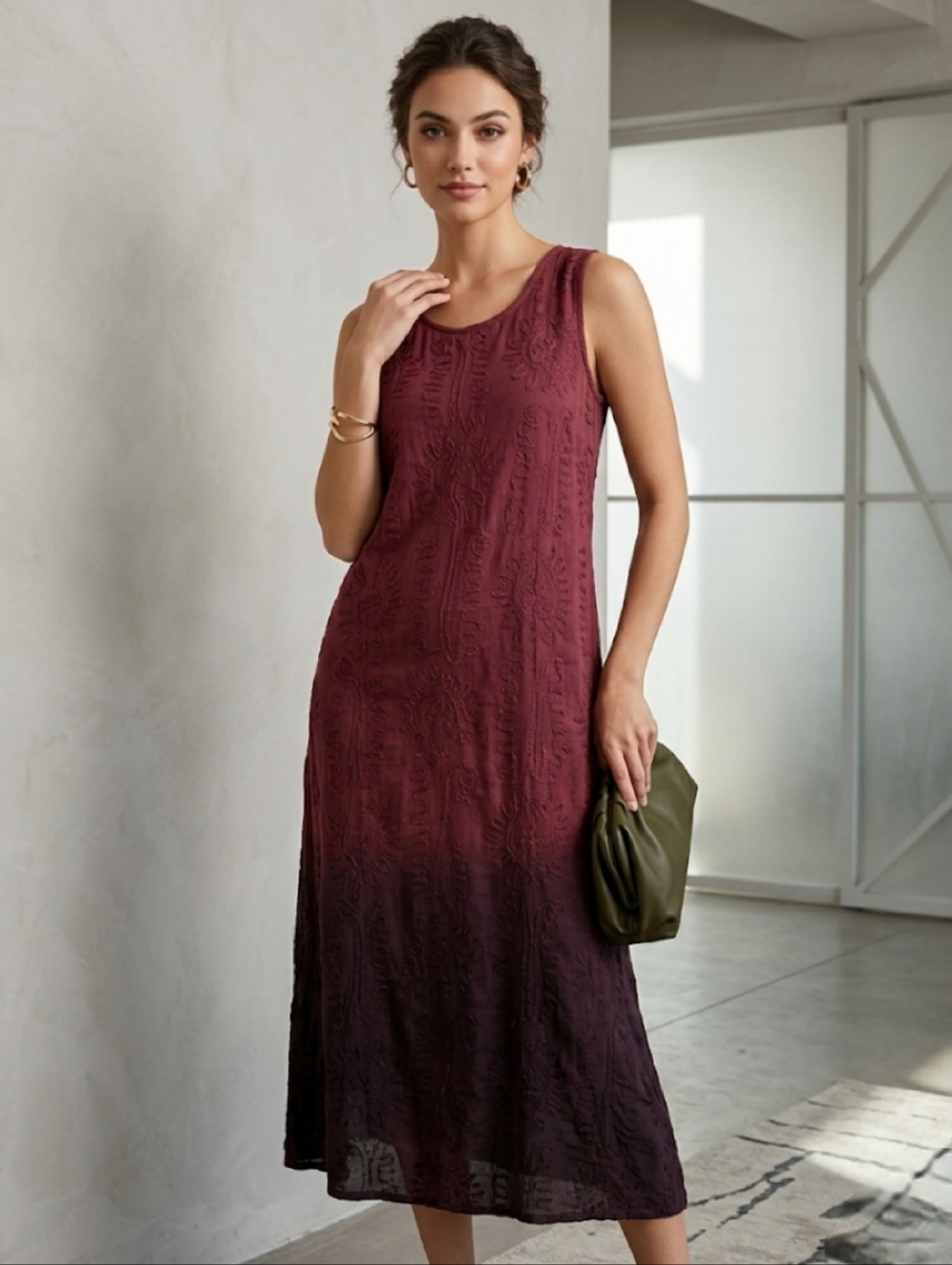Vintage Bohemian Ombre Burgundy Red Loose Fit Embroidered Sleeveless Dress Mediu
